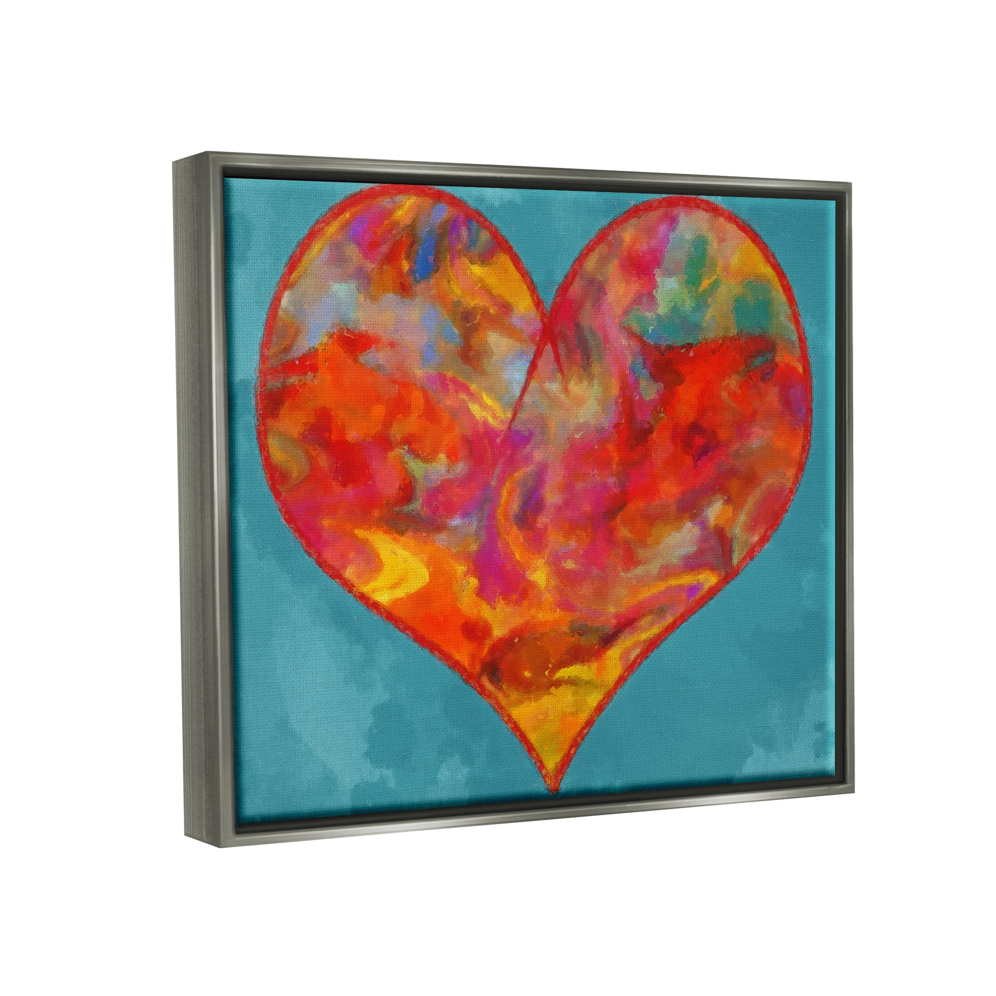 Stupell Industries Modern Heart on Blue Abstract Painting Gray Floater Framed Canvas Art Print Wall Art, 31 x 25