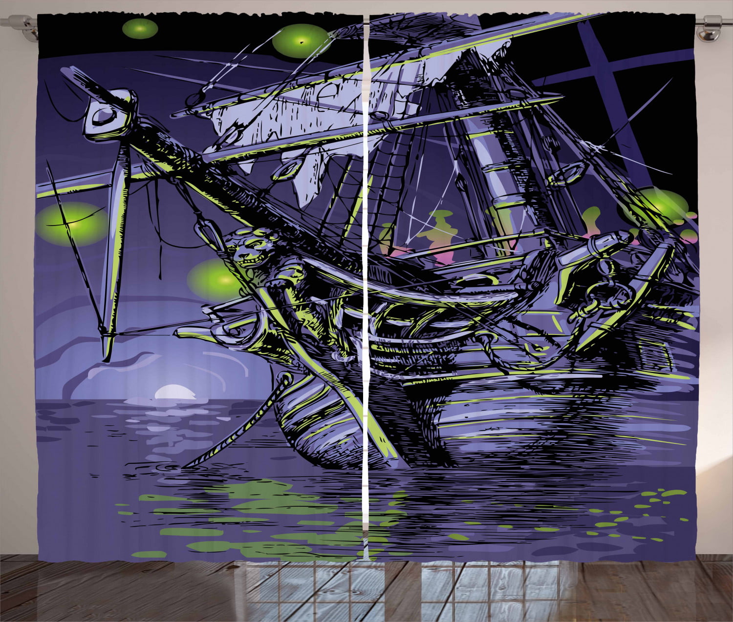2 Panels 3D High Seas Pirate Ship Scenery Window Curtains Blockout Drapes Fabric 