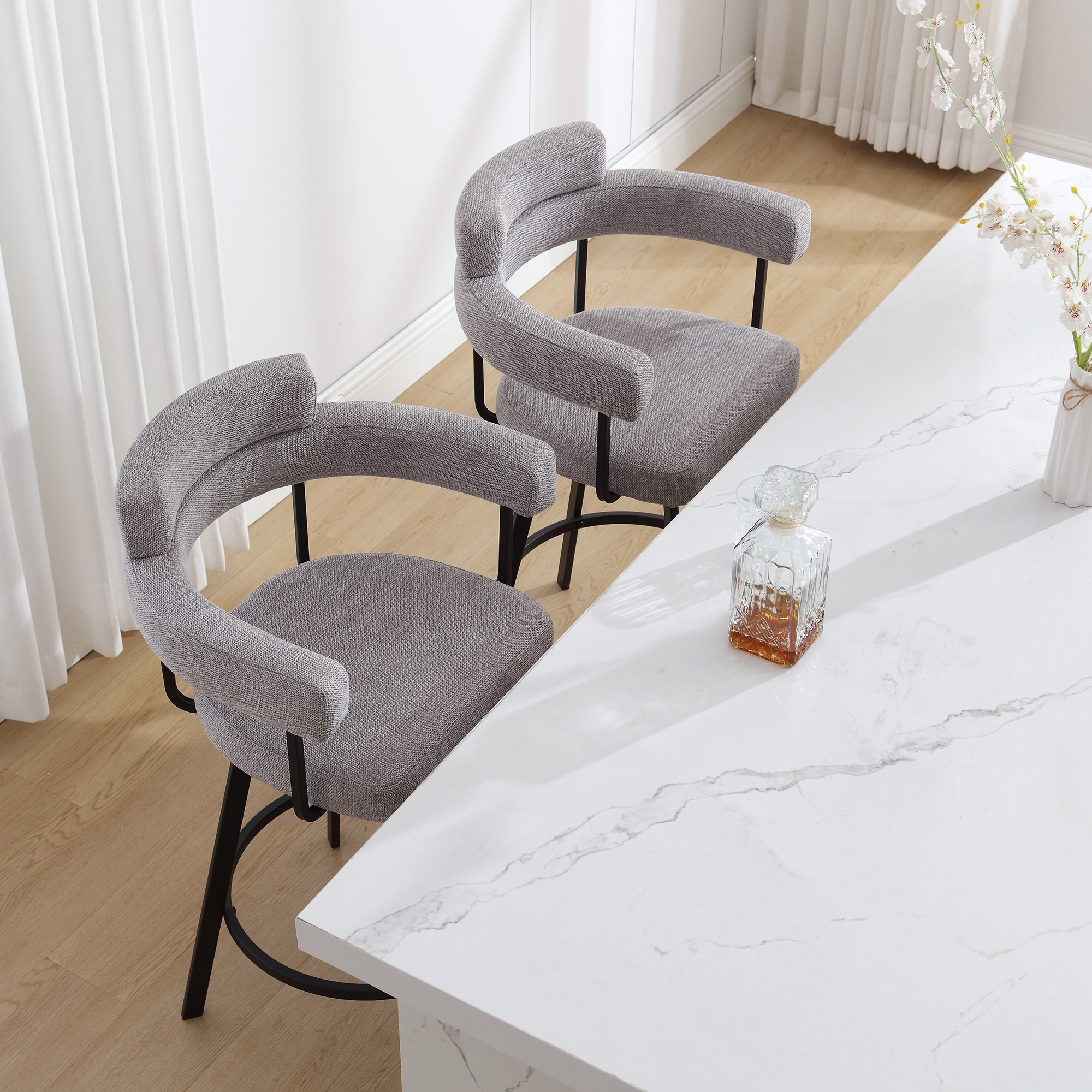 Zesthouse 26" Counter Height Swivel Barstools, Linen Upholstered Bar Stools Set of 2, Metal Base, Gray