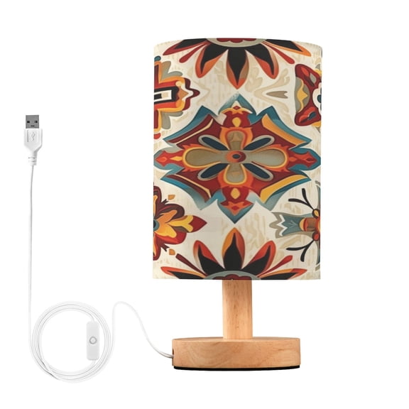Bohemia Tribal Ethnic Bedside Table Lamp Desk Warm Lights with USB Charging Port Cylinder LED Lamps for Bedroom Living Room Office