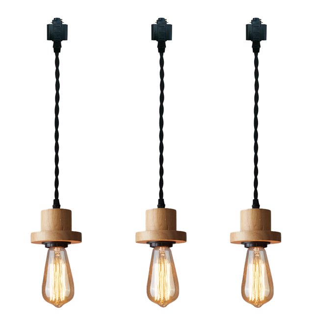 FSLiving H-Type Track Pendant Light Antique Design Black Twisted Cord and E26 Wooden Base Lighting Fixtures for Store Loft Corridor Dining Room, Customizable (No Bulb, No Ceiling Track) - Set of 3