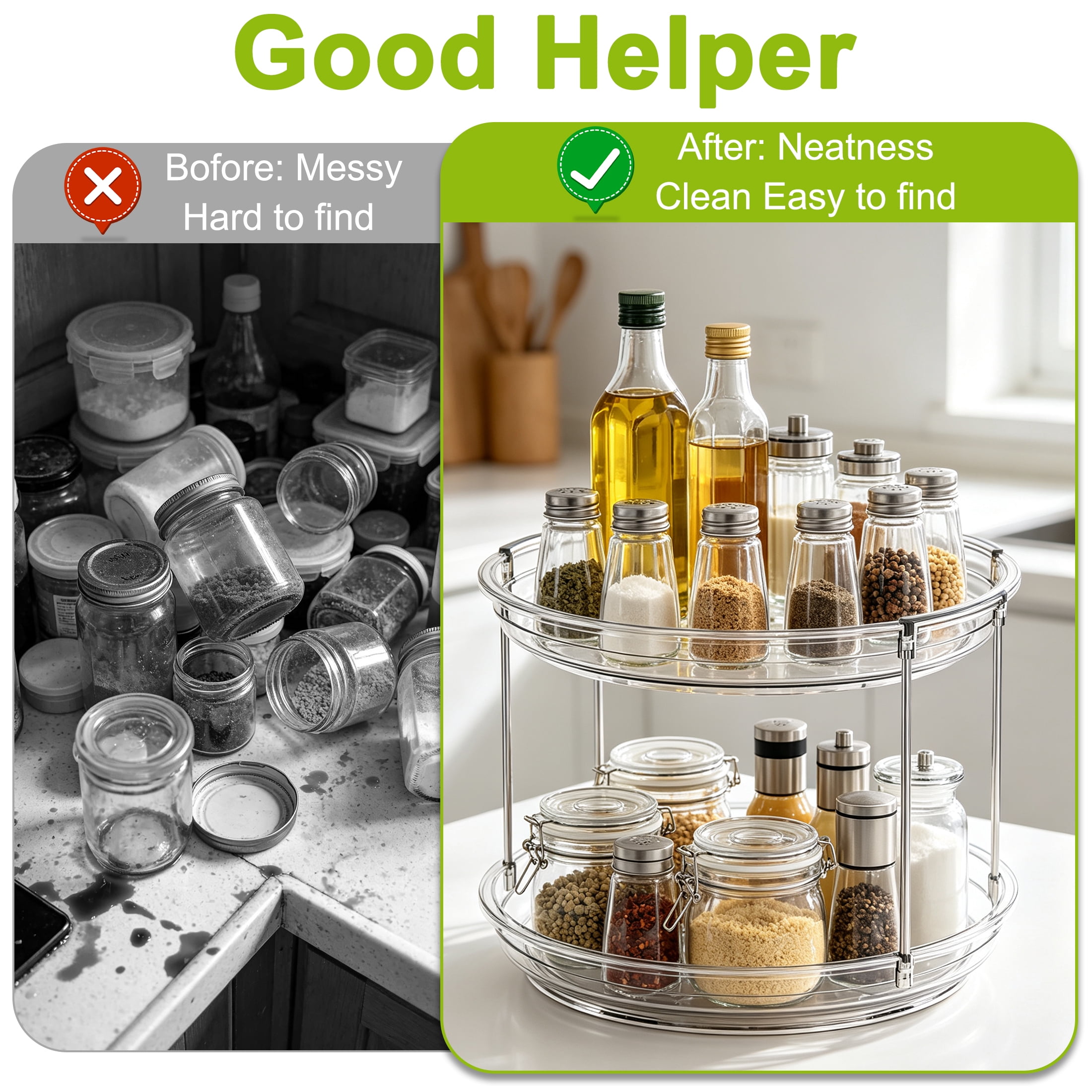 2 Tier 360° Rotating Spice Rack, Lazy Susan Cabinet Counter Organizer, Clear Turntable Spice Storage Rack, Lazy Susan Spice rack for Kitchen Countertop, Bathroom, Makeup and Office Supplies