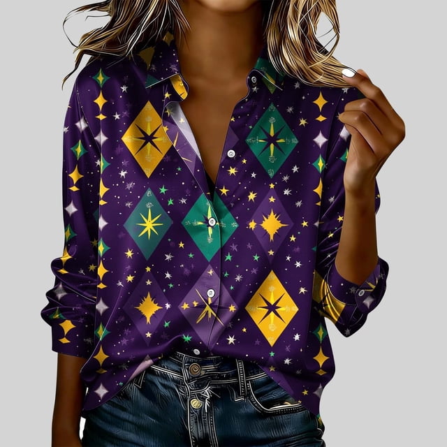 TaTaai Ladies Long Sleeve Carnival Top Round Neck Casual Polyester Shirt Lightweight Printed Festival Wear Size Up Recommended Gift