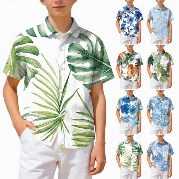 YDFCWXW Boys Tropical Short Sleeve Button Down Beach Vacation Outfit Shirt 2026 (Blue, 7-8 Years)