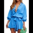 thumbnail image 1 of Vestido Camisero Mini con Cuello en V, Botones, Plisado, Mangas 3/4 y Cinturón para Mujer. Azul M, 1 of 7