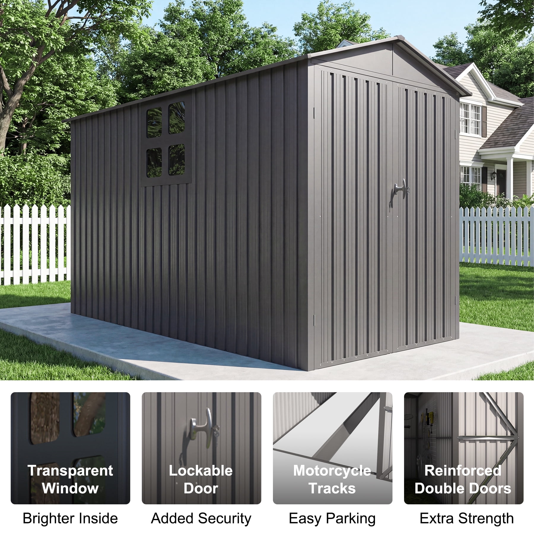 Chery Industrial Outdoor Metal Motorcycle Storage Shed with Window ,Tracks & Fixtures,Grey