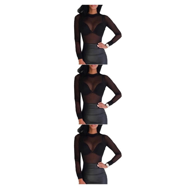 Camiseta básica de mujer Sonducket Sexy de manga larga transparente Negro S CBP196667