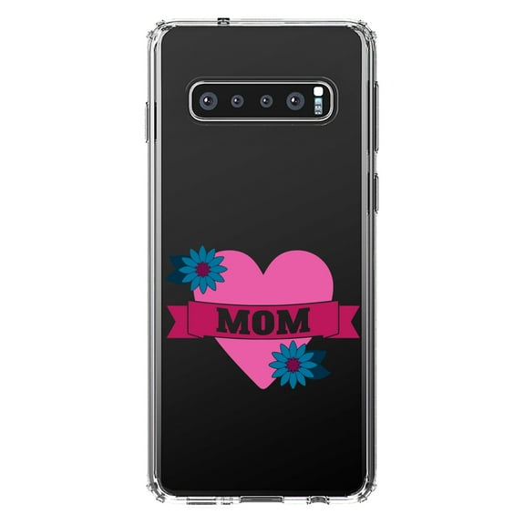 DistinctInk Clear Shockproof Hybrid Case for Samsung Galaxy S10 (6.1" Screen) - TPU Bumper Acrylic Back Tempered Glass Screen Protector - Love Mom - Flower Heart Banner