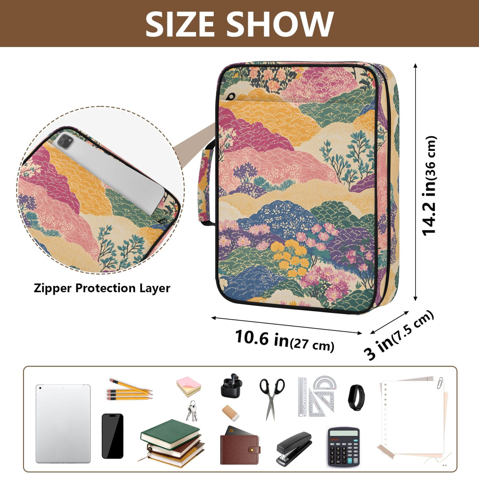 FORMRS Accordion File Folder A4 Size 7-Pocket Expanding Document Organizer Bag with 3 Ring Binder, Green Floral Wave