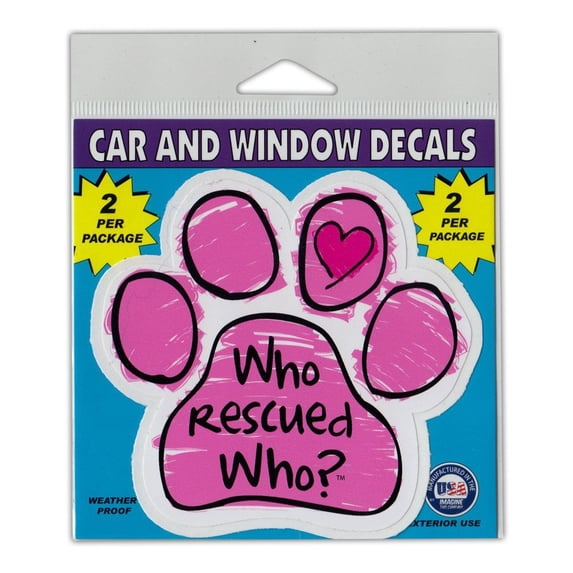 Window Decals, 2-Pack, Who Rescued Who? (Pink Dog/Cat Paw), 4.25" x 4" Vinyl Stickers