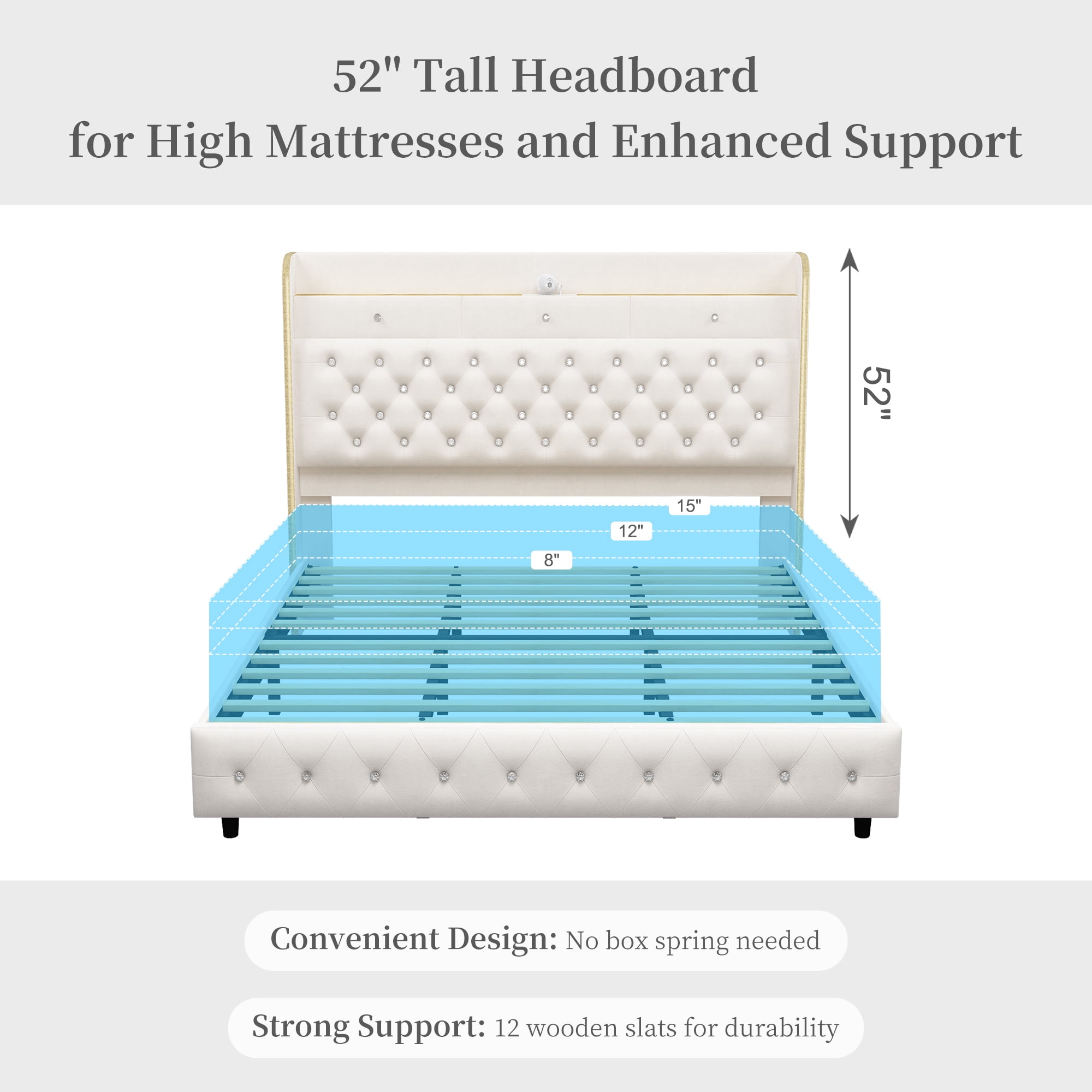 SIBEDS King LED Bed Frame with 52" Crystal Button Tufted Upholstered Headboard, Galaxy Projector & Charging Station, No Box Spring Needed, Velvet Cream