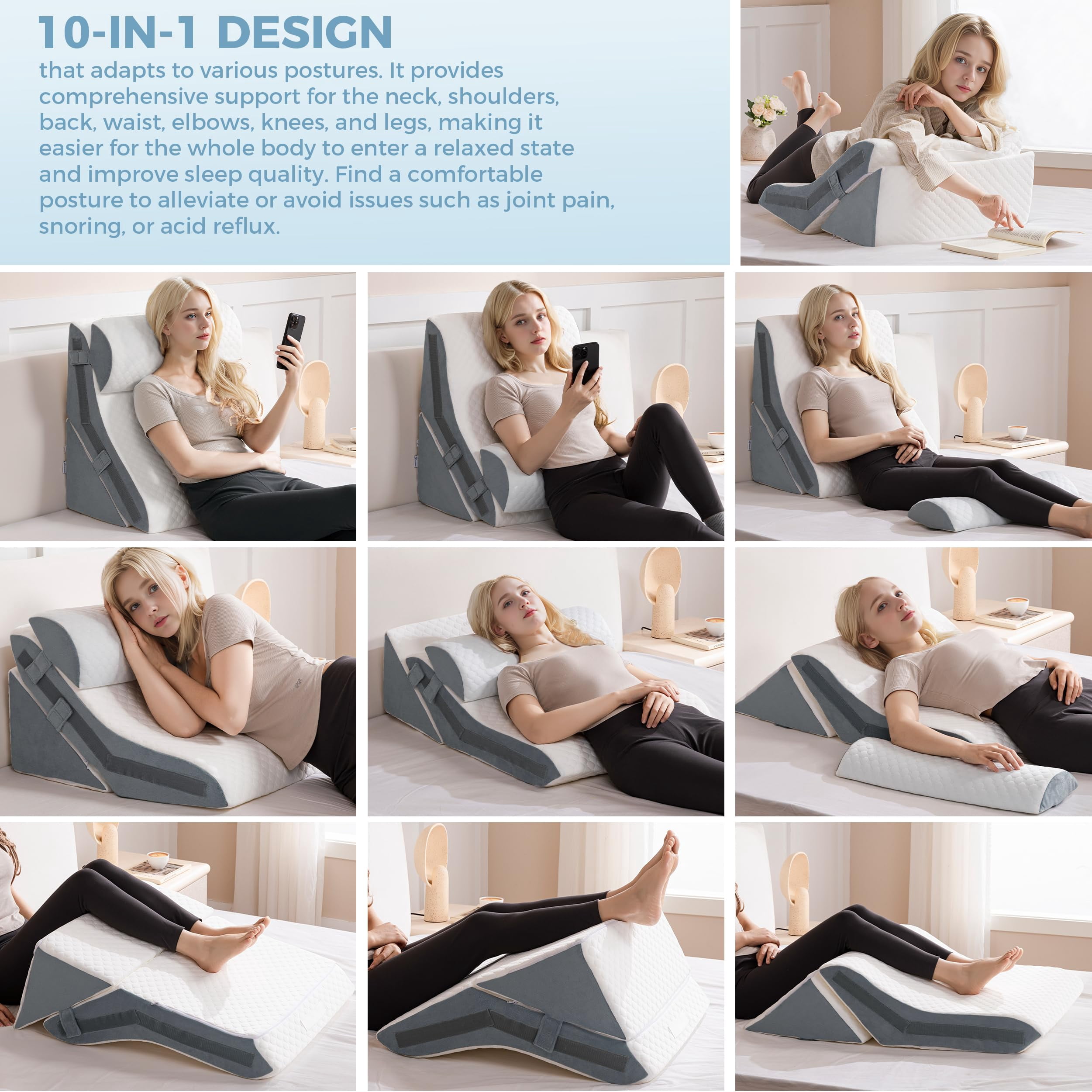 Ganondorf 3-IN-1 Wedge Pillow Orthopedic Bed Wedge Pillows Set Adjustable Memory Foam Pillow for Acid Reflux Relief Ergonomic Incline Reading Pillow for Back Pain GERD