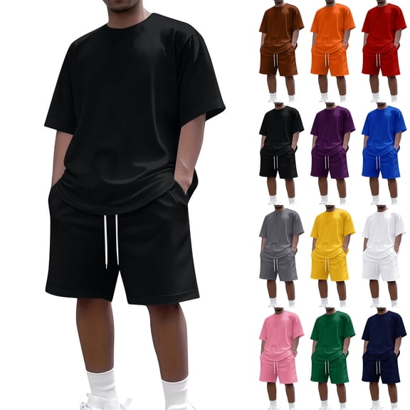 Men's 2 Piece Outfits Oversized Solid Color Short Sleeve Crew Neck T Shirt & Shorts Set Summer Casual Tracksuit
