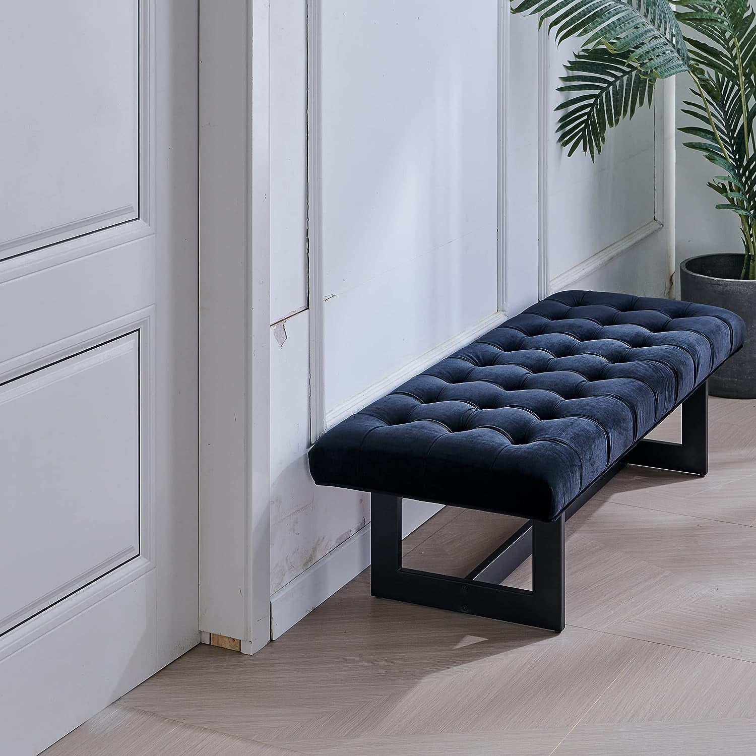 Nathaniel Home 48'' Button-Tufted Kids Ottoman, Upholstered Bedroom Benches, Vegan Leather Footrest Stool Accent Bench, for Living Room End of Bed Black