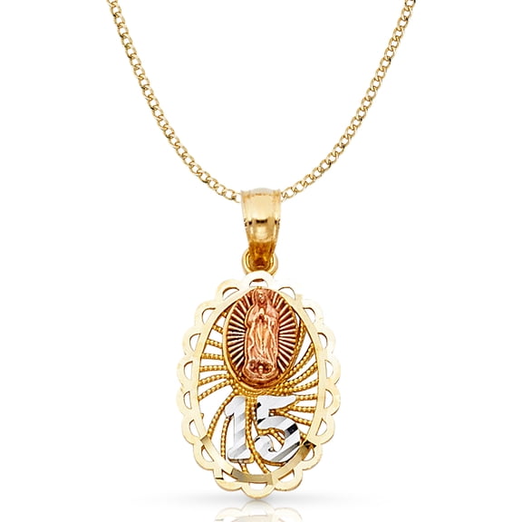 Ioka-14K Tri Color Gold Sweet 15 Years Quinceanera Virgin Mary Round Charm Pendant with 2.4mm Hollow Cuban Chain Necklace - 22"