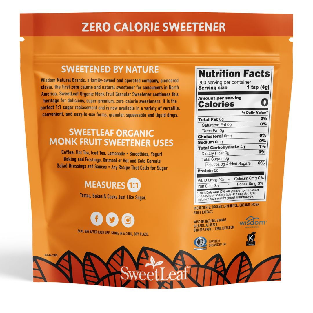 (6 pack) SweetLeaf Organic Monk Fruit Granular Sweetener, 28.2 oz Bag