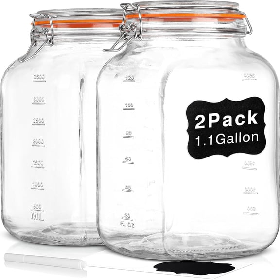 2 Pack Airtight Glass Storage Containers with Lids, 1.1 Gallon Glass Jars for Kitchen