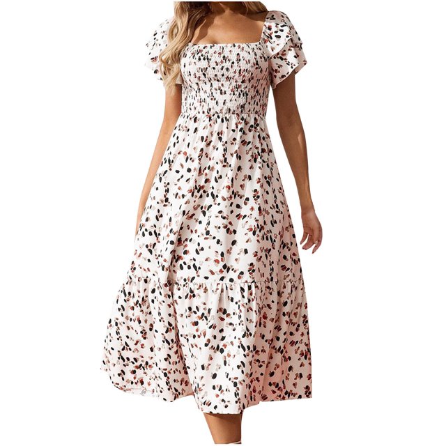 Staron Robes Décontractées pour Femmes Manches à Volants Col Carré Boho Robe d'Été Ample Taille Haute Smockée Décontractée Soirée Fluide Ligne A Midi Robes Kaki m