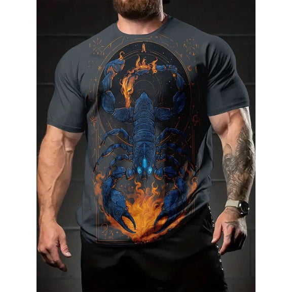 Valentine'S Flame Scorpio Constellation 3D Digit Men'S Printed T-Shirt | Featuring A Bright Round-Neck Design And Short Sleeves, Suitable For Summer Outings And Daily Casual Wear,