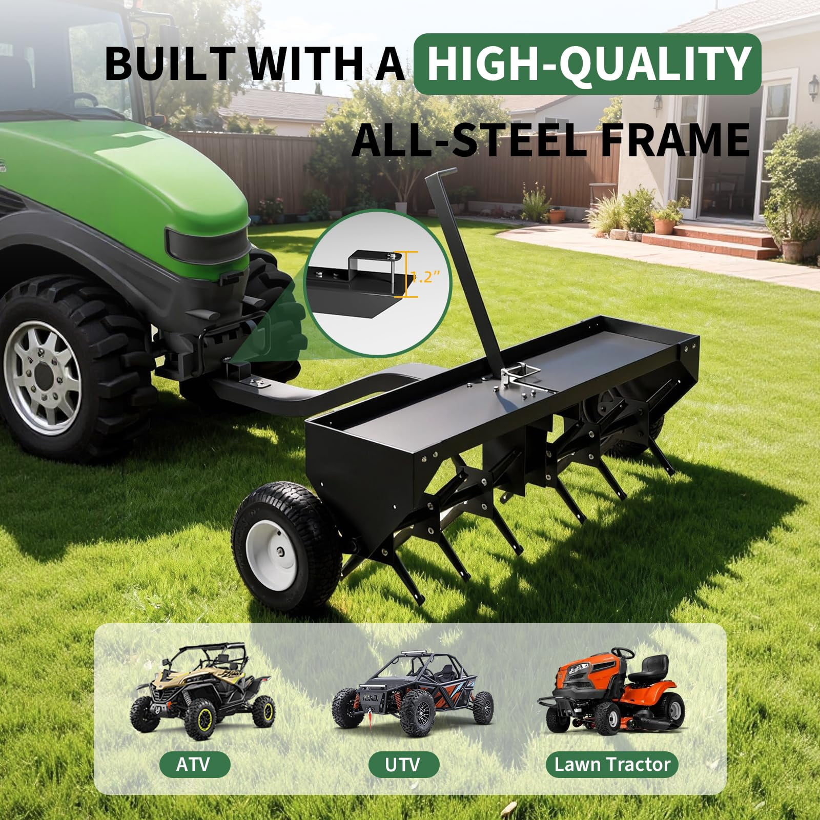 TEQIN Tow Behind Lawn Aerator,Tow Behind Aerator, Heavy Duty Plug Aerator With Hitch, Lawn Aerator Tow Behind With Steel Tines, Plug Aerator Tow Behind With Tray & Inflatable Wheels