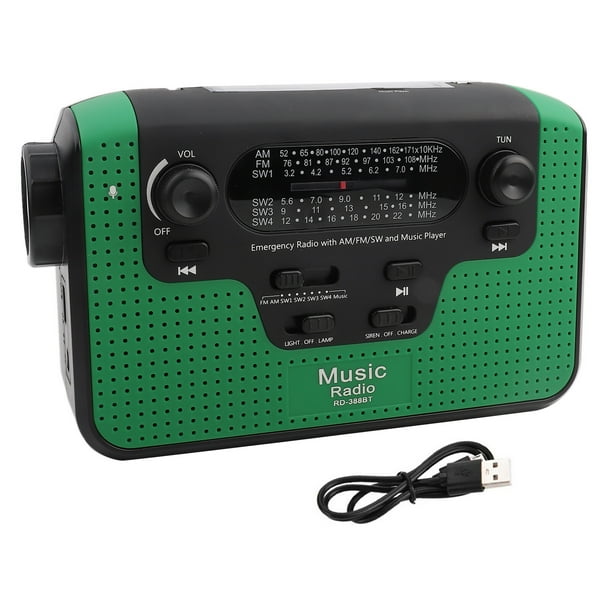 Radio solar FM/AM/SW con manivela, tarjeta de memoria, música para llamadas manos libres Bluetooth, radio FM solar verde