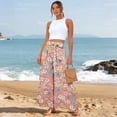 thumbnail image 4 of Women's 2026 Boho Print Palazzo Pants - Elastic High Waist Ties Wide Leg Loose Casual Trousers with Pockets Pink S, 4 of 5