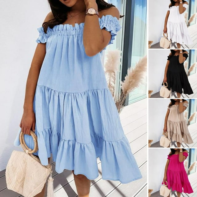 Koszal Women Dress Solid Color Ruffled Soft Casual Plus Size A-line Knee-length Dress for Dating