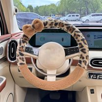 Car Steering Wheel Cover with Leopard Print Cute Bowknot Soft Anti-Slip Retro Luxury Fluffy Fur Car Interior Accessory, Cheetah