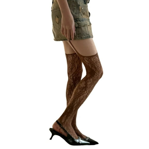 GRABLOOM Women Sheer Fishnet Stockings Flower Pattern Colored Suspender Pantyhose Tights