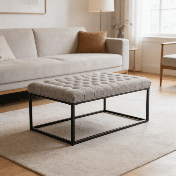 56" Rectangle Tufted Cocktail Ottoman Bench with Sturdy Metal Base, Upholstered Accent Furniture for Living Room