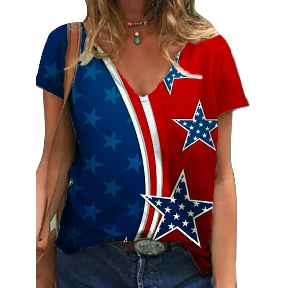 YAGHYAGH Womens Summer T Shirt American Flag Print Independent Day Blouse Tops