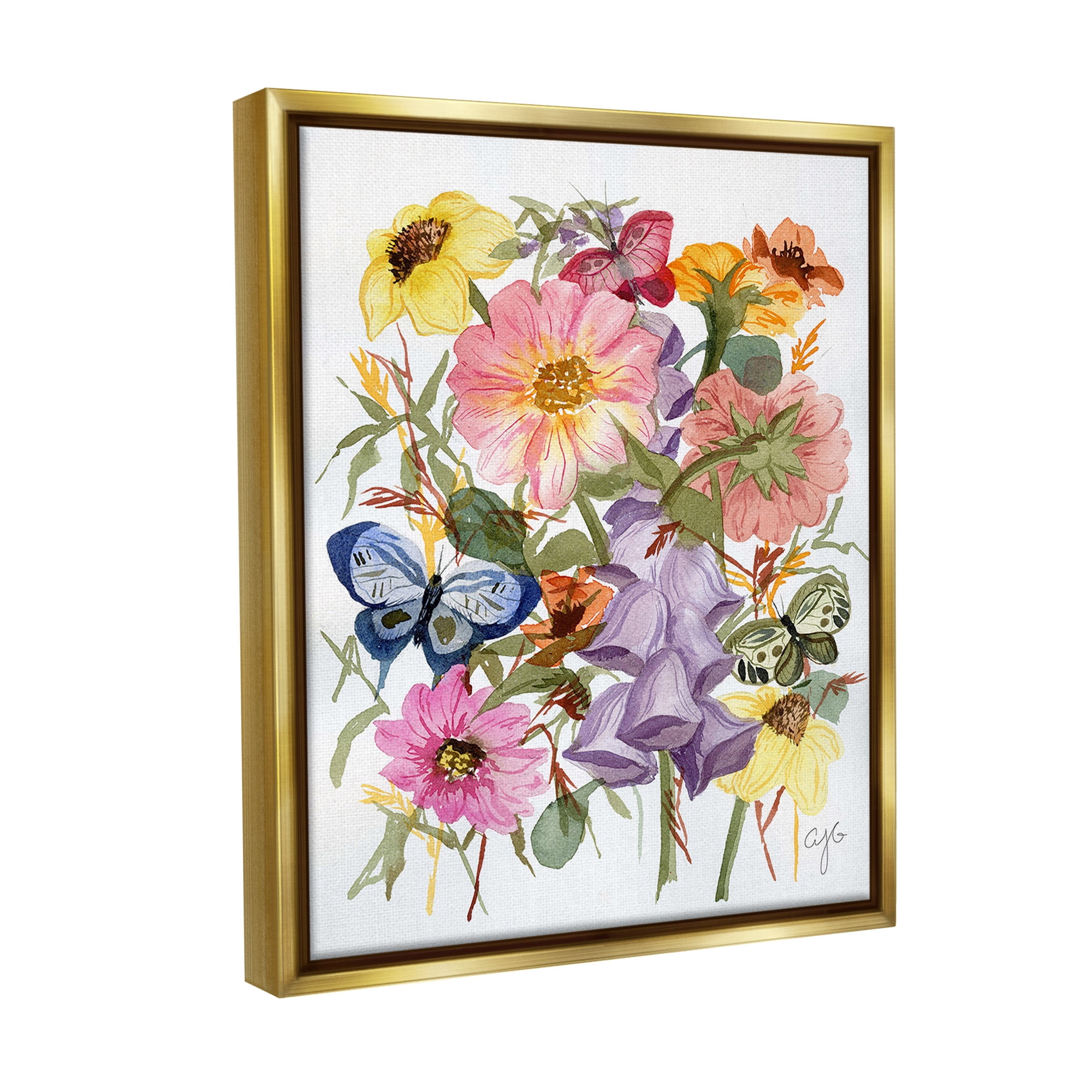 Stupell Industries Mixed Florals & Butterflies Botanical & Floral Painting Gold Floater Framed Canvas Art Print Wall Art, 25 x 31