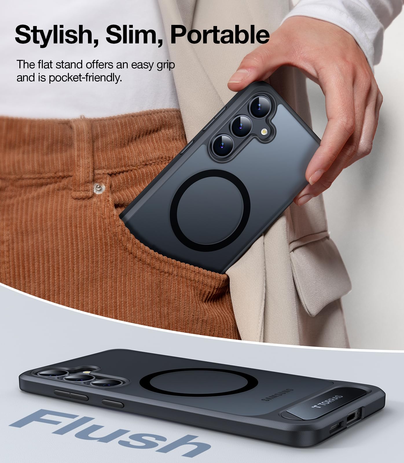 TORRAS Magnetic Kickstand Case for Samsung Galaxy S25, Military-Grade Drop Protection, MagSafe Compatible, Slim Translucent Back with Black Edge