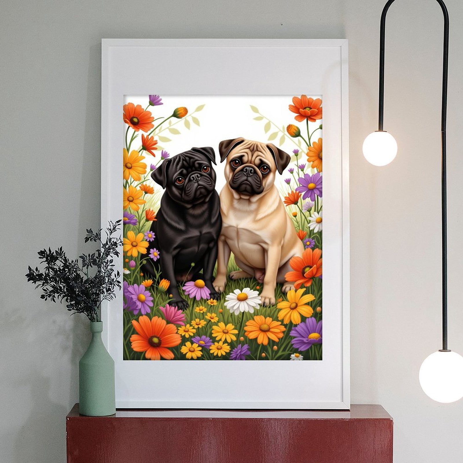 Diamond Art Kits for Adults - 5d Pug Pair Flower Field Diamond Painting for Adults, Diamond Art for Adults Beginners, Diamond Painting Kits for Adults for Home Wall Decor