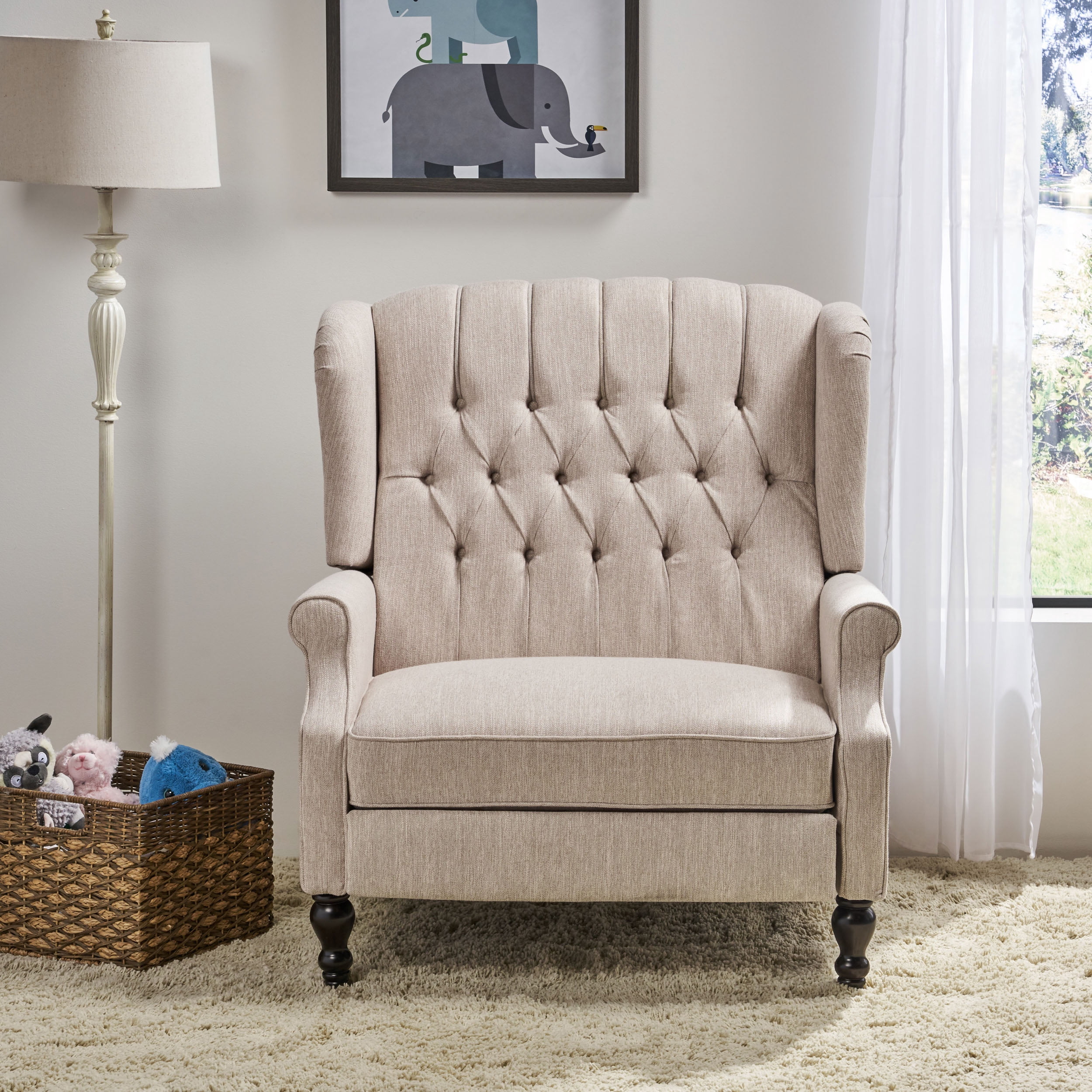 GDF Studio Dunham Contemporary Fabric Tufted Oversized Pushback Recliner, Beige and Dark Brown