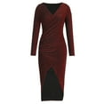 thumbnail image 4 of Herrnalise Women's Solid Color Stretch Dress V Neck Long Sleeve Glitter Gowns Dresses S-2XL, 4 of 6
