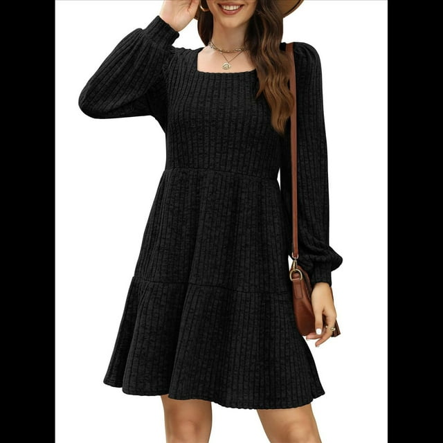 Vestido Estilo Babydoll Informal de Otoño con Cuello Cuadrado y Larga para Mujer Negro S