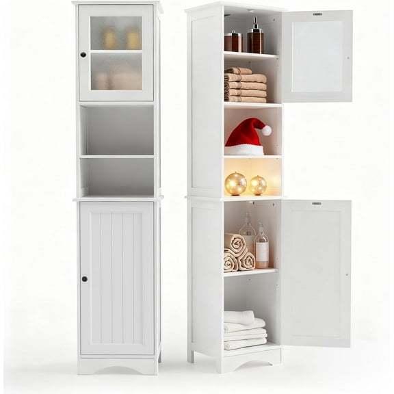 67.1" Tall Bathroom Storage Cabinet with Adjustable Shelves, Narrow Tall Linen Tower with Open Shelves, Two-Way Doors Freestanding Cabinet with Anti-Tip, for Home, Kitchen, Living Room, White