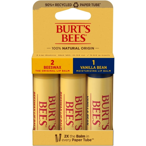 Burts Bees Original Beeswax and Vanilla Bean Moisturizing Lip Balm Pack, 3 Paper Tubes, 0.34 Ounce Each