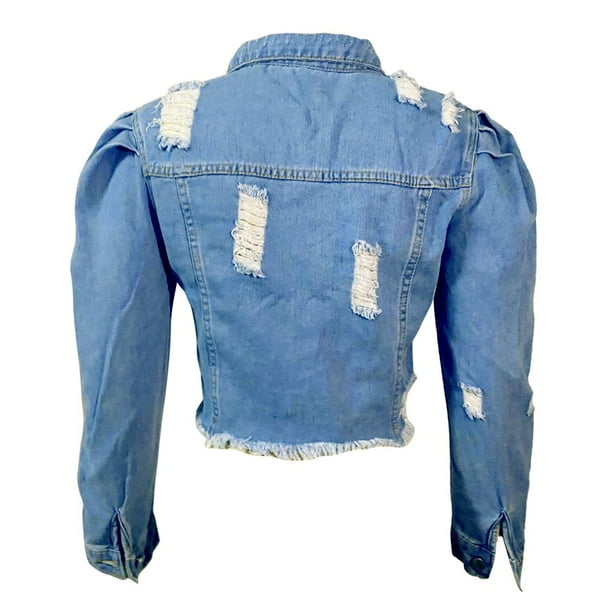 MesaSe Women Sexy Ripped Denim Jacket Casual Short Jean Jacket Long Puff Sleeve Spring Fall Female Coat