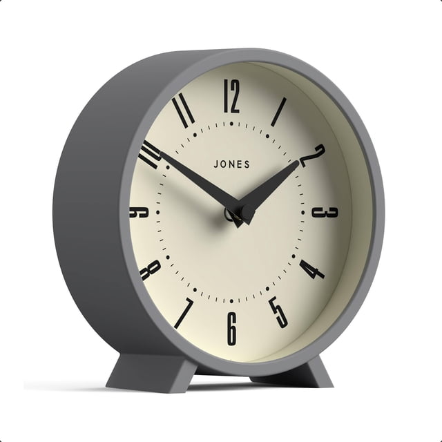 Reloj de Escritorio JONES CLOCKS® Venus | Diseño Moderno Redondo | Gris | Estilo Retro Elegante para Estante, Mesa, Repisa o Cabecera