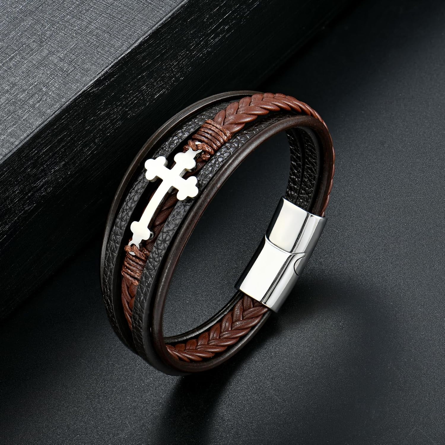 Mens Leather Cross Bracelet Multi-Layer Braided Faith Bracelet Religious Wristband Father's Day Birthday Jewelry Gifts for Men 8.5" Stainless Steel Buckle Bangle