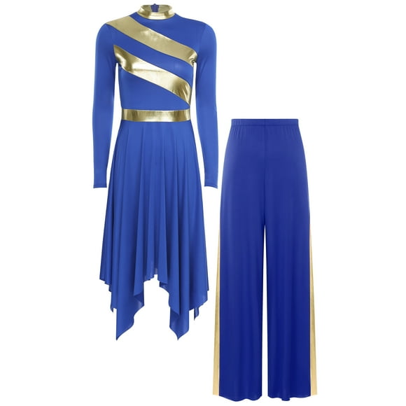 TSSOE Robe de Danse de Louange pour Femmes Robe à Superposition Irrégulière Pantalon à Jambes Larges Costume de Danse Lyrique de Salon Bleu Royal m