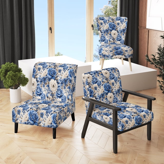 Designart "Élégance Néo-Victorienne : Motif Roses Bleues II" Chaise d'Appoint Rembourrée Motif Roses Bleues - Fauteuil Cottage pour Salon