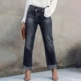thumbnail image 2 of LWavelet Women High Waisted Cropped Straight Jeans Khaki Washed Distressed Frayed Hem Denim Pants Casual Streetwear Trousers Dark Blue L, 2 of 5