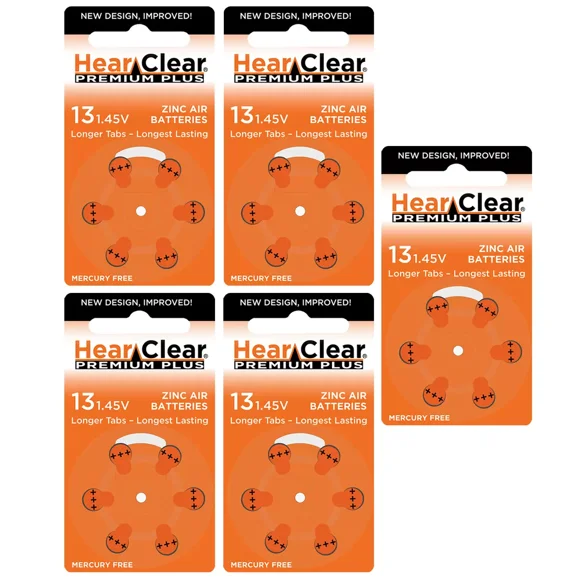 HearClear Size 13 PR48 Zinc Air 1.45V Hearing Aid Batteries Orange Tab (30 Batteries)