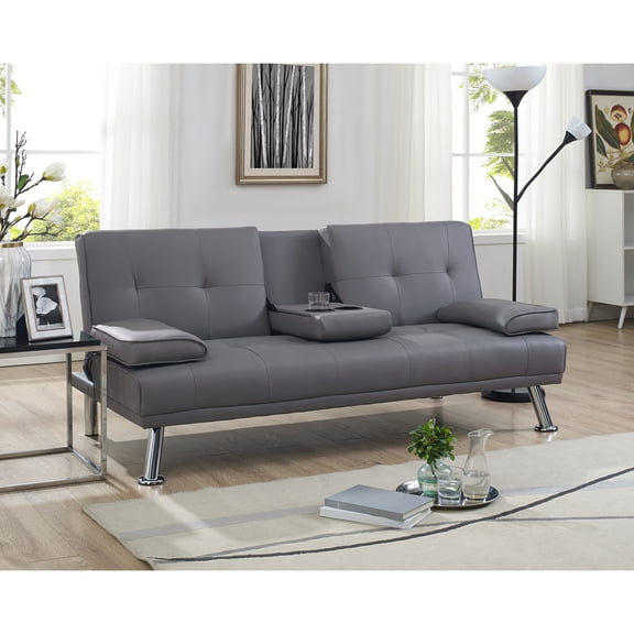 Gray, Faux Leather Stylish Gray Faux Leather Futon with Cup Holders Versatile Couch Bed, Adjustable Armrest & Easy Assembly for Any Space