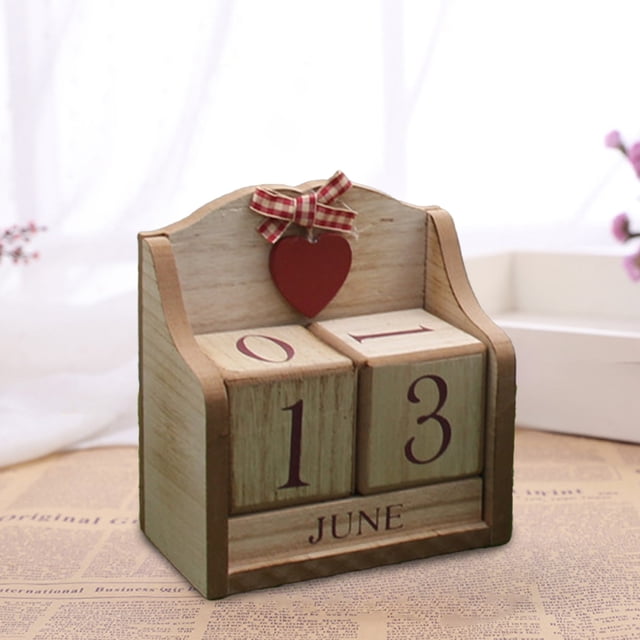 Wooden Perpetual Desktop Calendar Decoration – Rustic Wood Block Calendar for Desk or Table, Reusable Date Display Home Office Decor