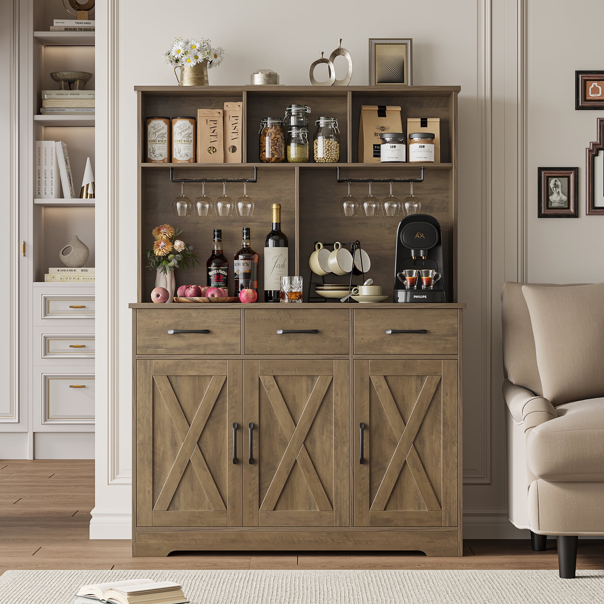 Homfa 60” Tall Kitchen Pantry with Hutch, 3 Drawers Coffee Bar with 3 Doors, Hutch Cabinet with Adjustable Shelf for Dining Room, Rustic Brown