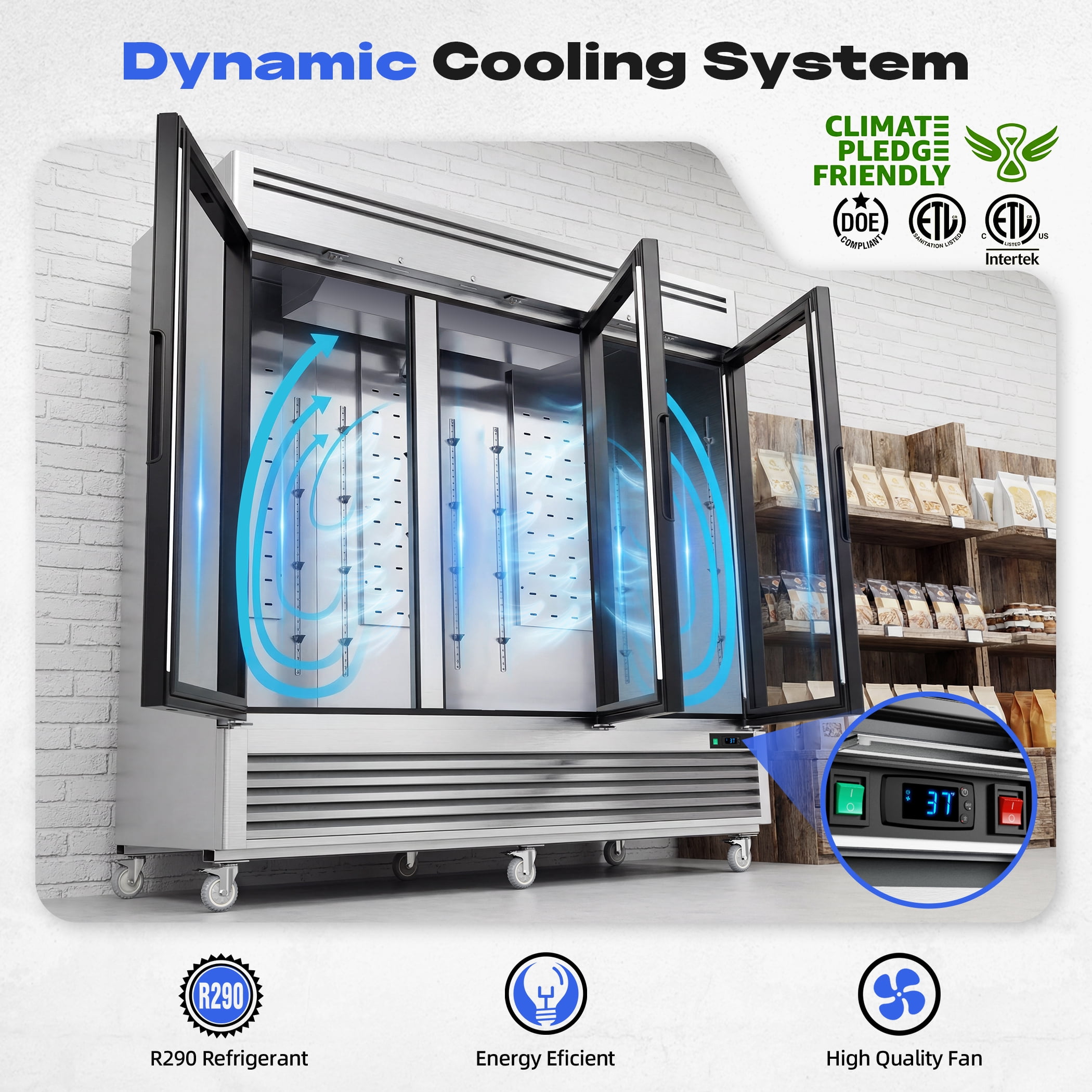 Coolake 82" Commercial Refrigerator 3 Glass Door, 72 Cu.ft Stainless Steel Upright Merchandiser Cooler, 33℉~41℉
